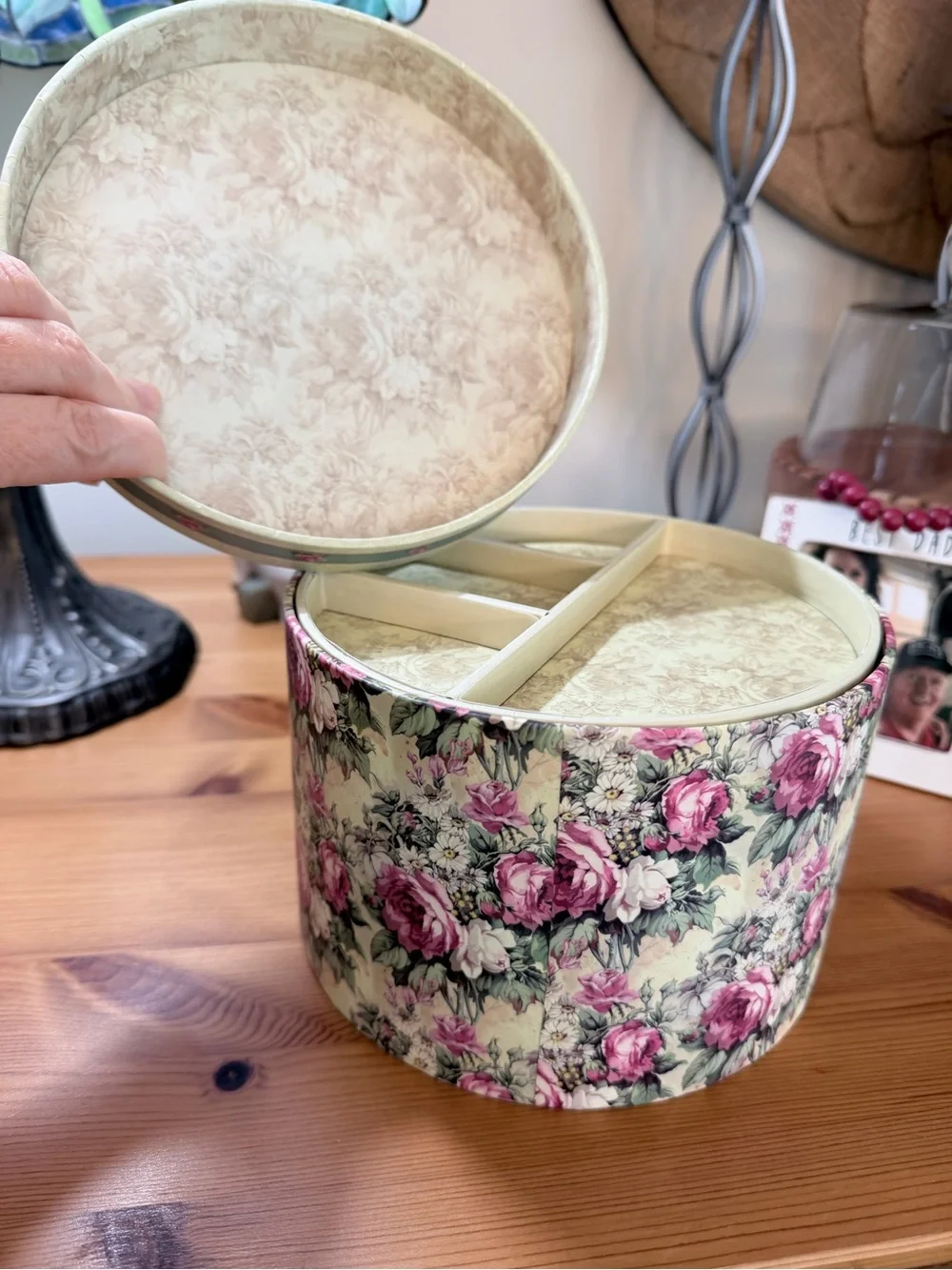 Floral Round Jewelry Organizer Box with Removable Tray - Pink